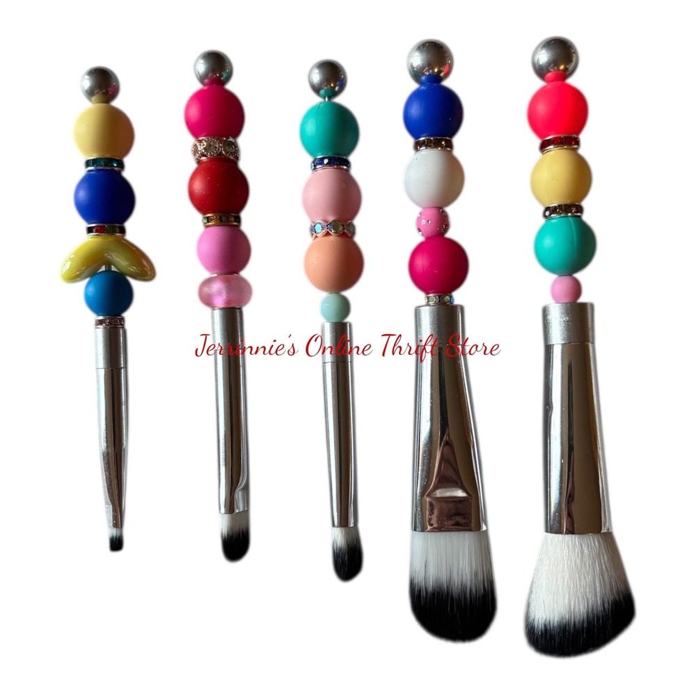 Handmade Beaded Makeup Brush Set 5pc Colorful Silicone Beads Rhinestone Accents